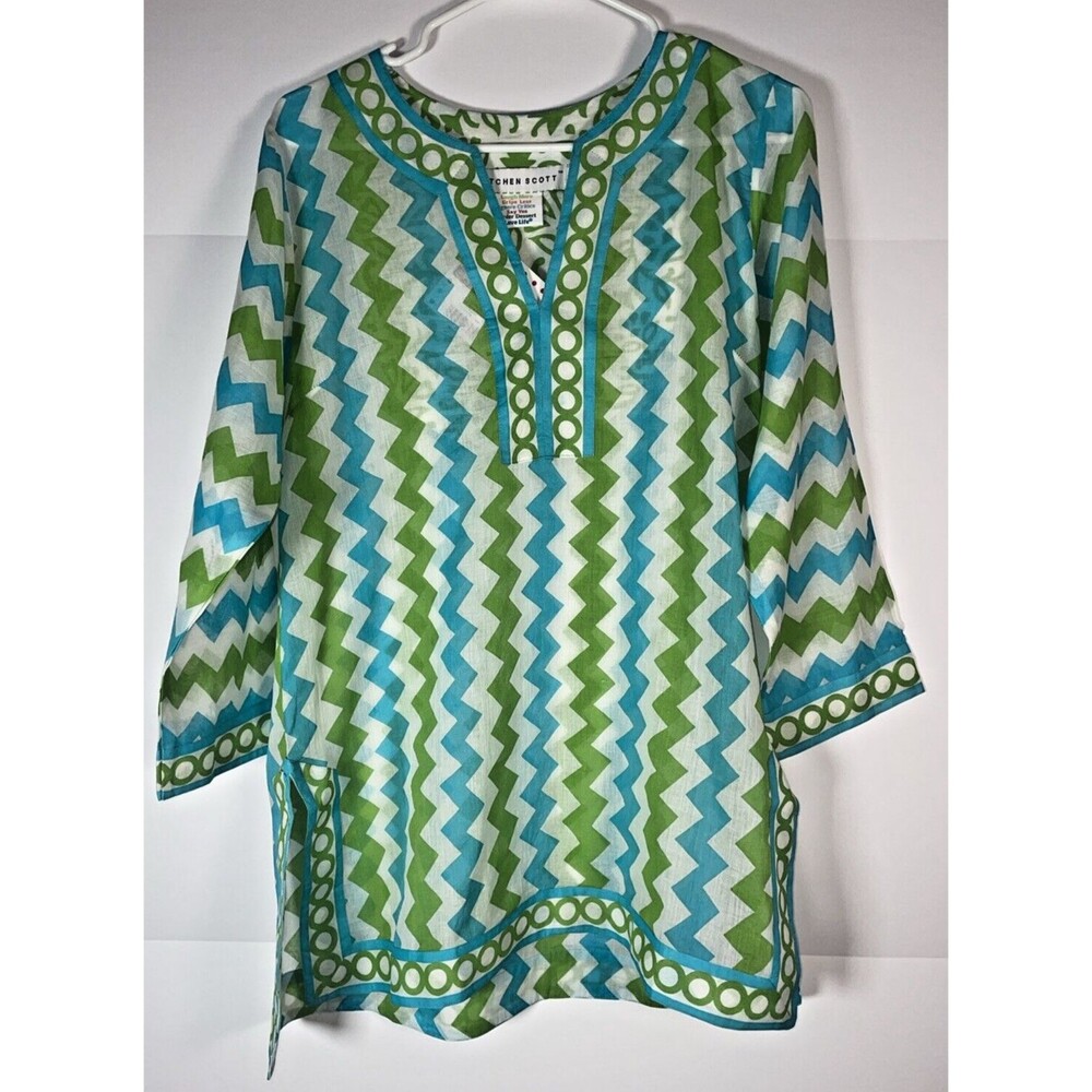 Gretchen Scott Designs  Zig Zag Pattern Tunic Top LARGE Turquoise Lime NWT